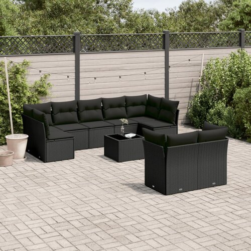  10-dijelni set vrtnih sofa s jastucima crni od poliratana Crna 55 x 55 x 37 cm Slike