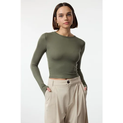  Khaki Premium Viscose Crew Neck Crop Stretchy Knitted Blouse