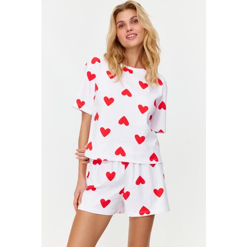 Trendyol White 100% Cotton Heart Knitted Pajama Set Slike