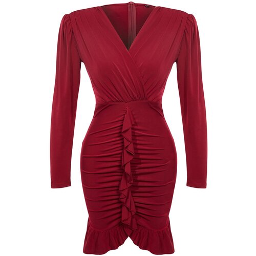 Trendyol Burgundy Fitted Lined Flounce Knitted Short Elegant Evening Dress Slike