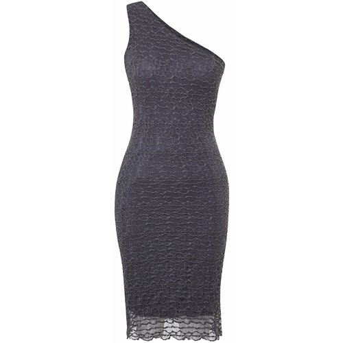 Trendyol anthracite single sleeve body fitted textured flexible knitted midi dress Cene