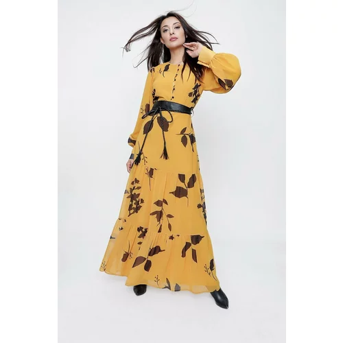 By Saygı Yellow Floral Pattern Long Chiffon Dress With Half Button Front Waist Belt Lined