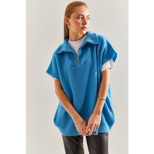 Bianco Lucci Women's Collar Zippered Short Sleeve Knitwear Sweater Slike