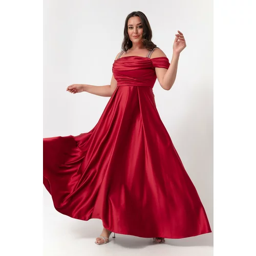 Lafaba Women's Burgundy Stone Strap Draped Plus Size Long Evening Dress
