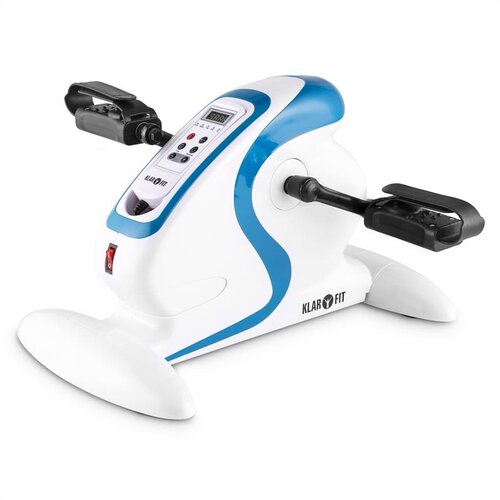 Klarfit Cycloony Mini Bike, pohybov&amp;yacute; trenaž&amp;eacute;r, motor, 120 kg, diaľkov&amp;eacute; ovl&amp;aacute;danie, biela/modr&amp;aacute; Slike