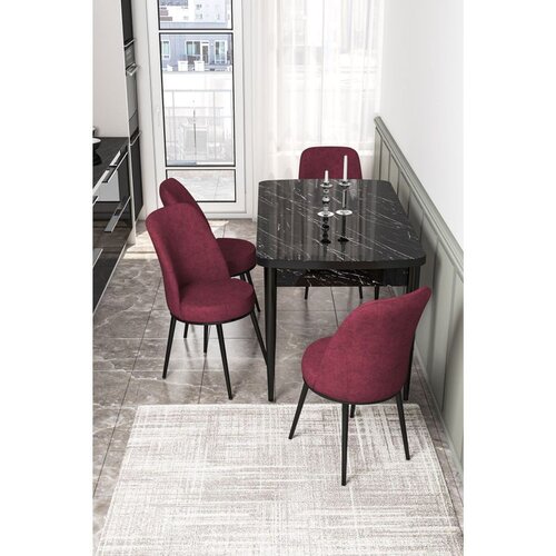 Hanah home trpezarijski set Via, sto na razvlačenje i 4 stolice, ploča u dekoru crnog mermera, bordo tkanina Jerry Cene