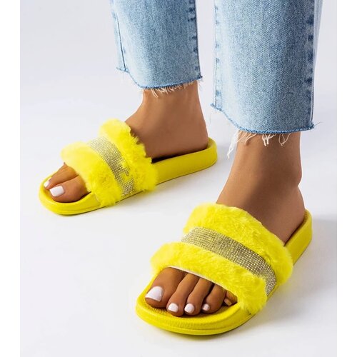  Yellow Fur Slides with Rhinestones Carrito Cijene