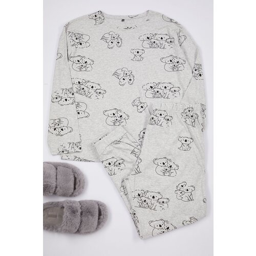 Trendyol curve gray melange koala patterned knitted pajama set Slike