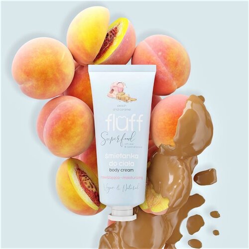 Fluff Superfood Peach &amp;amp; Caramel vlažilna krema za telo Aloe &amp;amp; Sweet Almond Oil 150 ml Slike