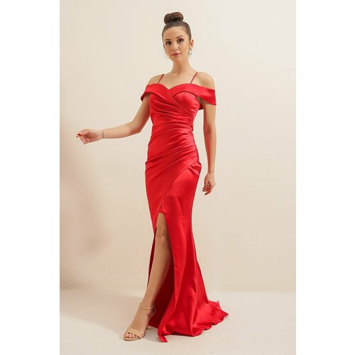 By Saygı Boat Neck Skirt Pleated Lined Long Satin Dress Red Slike