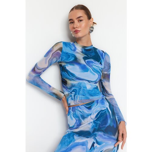 Trendyol Blue Patterned Draping See-through Back Fitted/Plastic Tulle Knitted Blouse Cene