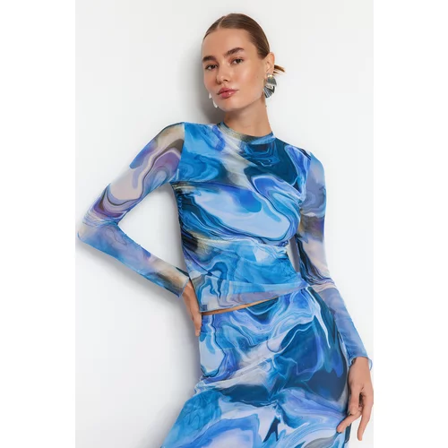 Trendyol Blue Patterned Draping See-through Back Fitted/Plastic Tulle Knitted Blouse