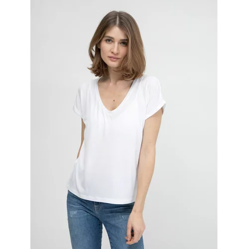Big Star Woman's V_neck_ss T-shirt 152083 Cream Knitted-101