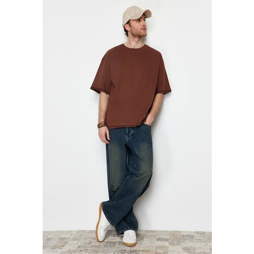 Trendyol Brown Men's Oversize Stitching Detailed 100% Cotton T-Shirt Slike