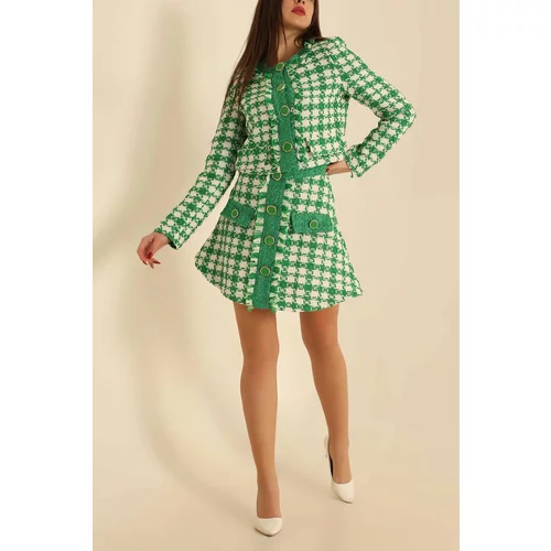 Laluvia Green Bell-Skirted Jacket Tweed Suit