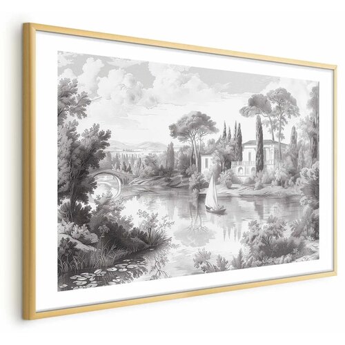  Plakat - Black-and-White Vintage Landscape with a Pond 90x60 Zlatni okvir s margom Cene