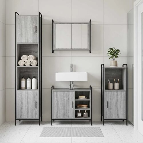  Set ormarića za kupaonicu 2 kom. Siva Sonoma 65 5 x 34 x 61 cm - Siva Sonoma Ormar s umivaonikom (1 vrata i 1 polica) + viseći o Slike
