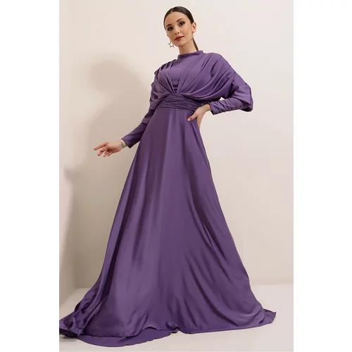 By Saygı Front Back Gathered Sleeves Button Detailed Lined Long Satin Dress