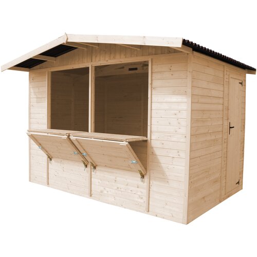 Timbela Lesen prodajni kiosk za zunanjo tržnico, prodajna stojnica s pultom, DVE OKNI, 263 x 336 cm - M150, (21823624) Cene