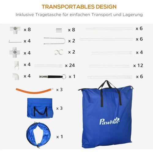  Set za agility za pse staza s preprekama za pse 1 guma 2 tunela 2 prepone 321 cm x 63 cm x 93 cm plava + crvena + bijela Slike