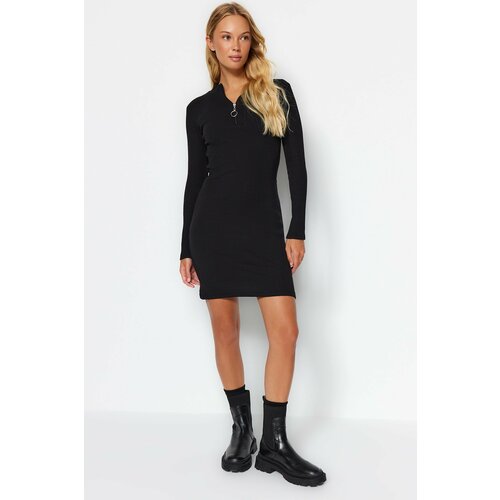 Trendyol Black Ribbed Fitted Dress with Zipper, Stand-Up Collar Long Sleeves, Flexible Knitted Dress Slike
