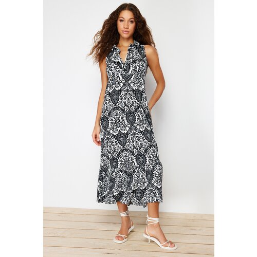 Trendyol Black Polo Neck Patterned Maxi Knitted Maxi Dress Slike