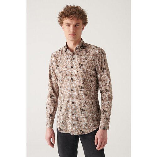 Avva Men's Camel Abstract Pattern 100% Cotton Slim Fit Slim Fit Shirt Cene