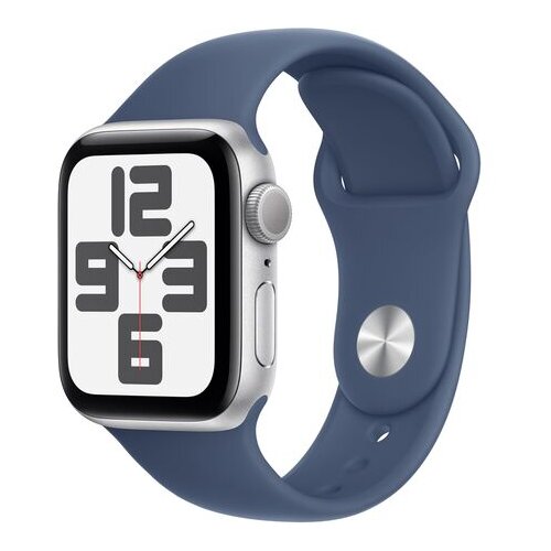 Apple Watch SE (2nd Gen) [GPS 44mm] Smartwatch with Silver Aluminum Case with Denim Sport Band M/L. Fitness and Sleep Trackers, Crash Detection, Heart Rate Monitor, Retina Display Cene