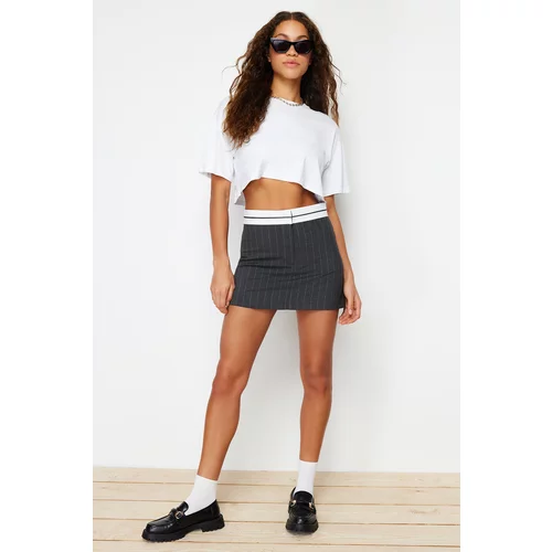 Trendyol Anthracite Waist Belt Detailed Mini Striped Woven Shorts Skirt