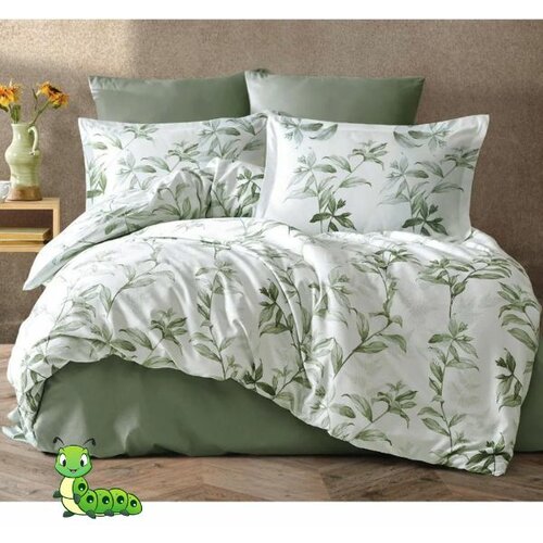 Gusenica posteljina saten-pamuk zelene liske - 140x200 Slike