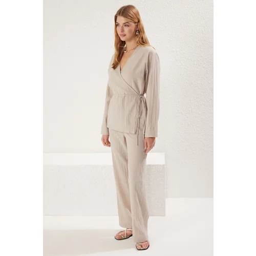 Trendyol Beige Double Breasted Tie Detailed Blouse and Trousers Weaving Upper-Lower Team