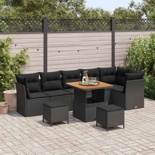 VidaXL Set vrtnih sofa 9 kom s jastucima Crni Poli Ratan Akacija, Set vrtnih obroka 3 kom s jastucima Crni Poli Ratan Akacija Slike