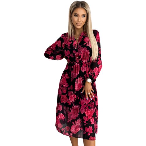 NUMOCO Pleated midi dress with buttons and long sleeves Slike