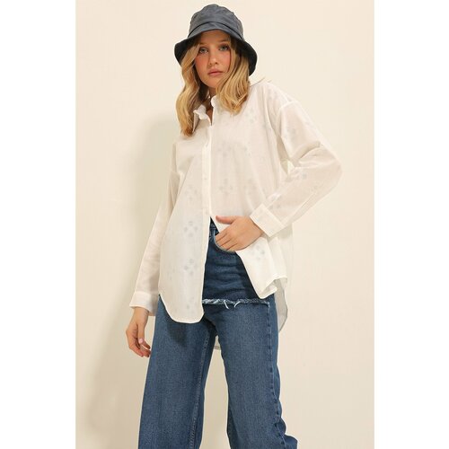 Trend Alaçatı Stili Women's White Motif Oversize Linen Shirt Slike
