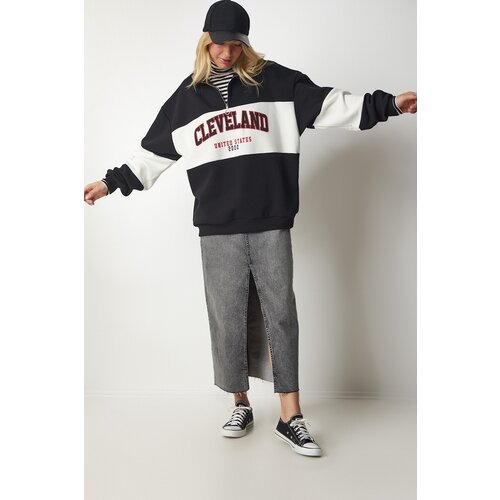  Women&amp;#039;s Black and White Color Block Print Oversized Sweatshirt Slike