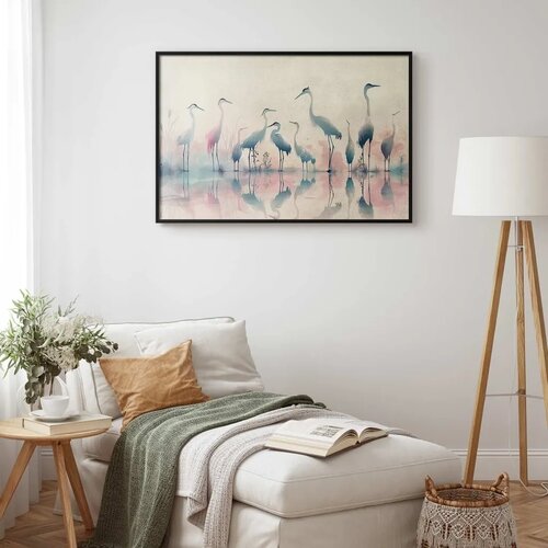  Plakat - Birds by the Lake - herons painted in watercolor in a delicate gray-pink palette 42x29.7 Crni okvir Slike