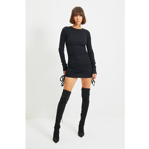 Trendyol Black Ruffle Detailed Corduroy Knitted Dress Cene