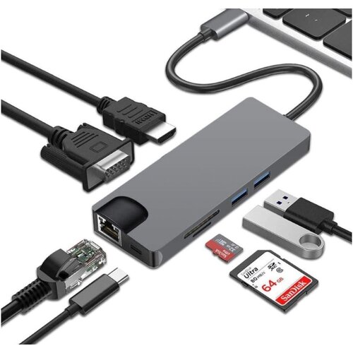 E-green Adapter USB 3.1 Tip C (M) - HDMI+VGA+2X 3.0 USB + tip C + SD (F) + RJ45 Slike