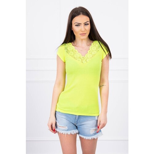 Kesi Blouse with lace neckline yellow neon Slike