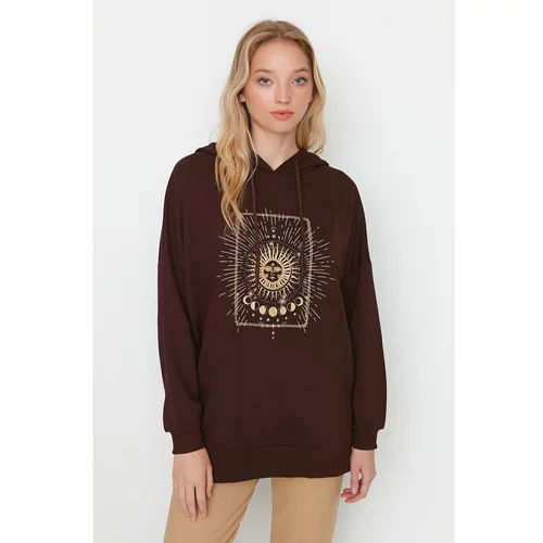 Trendyol Brown Printed Long Oversize Knitted Slim Sweatshirt