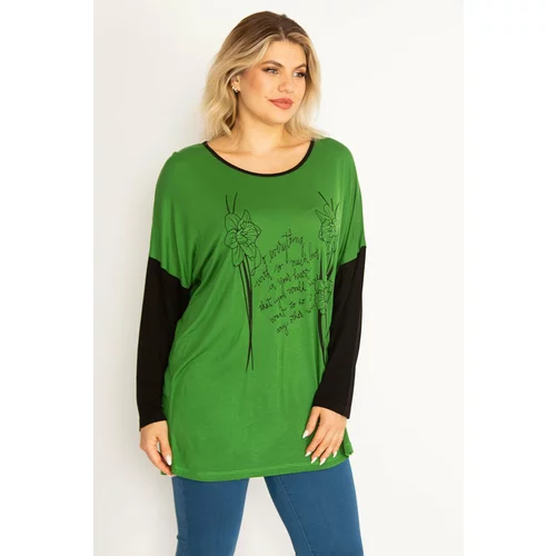 Şans Women's Plus Size Green Front Printed Two Color Tunic
