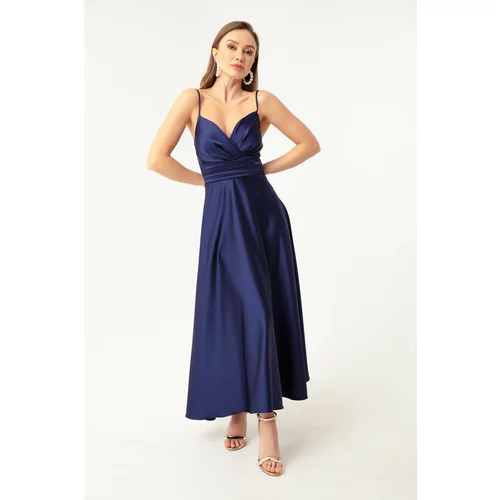 Lafaba Women's Navy Blue Satin Midi Evening Dress &; Prom Dress with Thread Straps and Waist Belt.