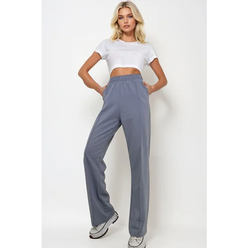 Trend Alaçatı Stili Women's Dyed Grey High Waist Front Grass Wide Leg Double Pocket Sweatpants