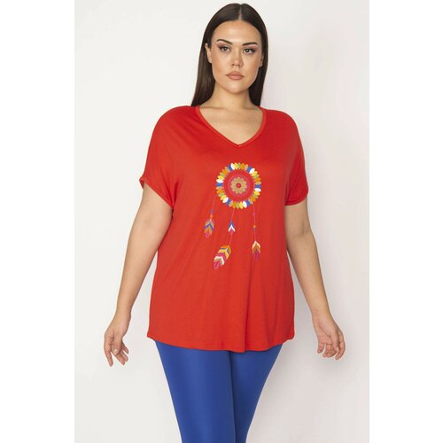 Şans Women's Plus Size Red Embroidery Detail V-Neck Low Sleeve Blouse Slike