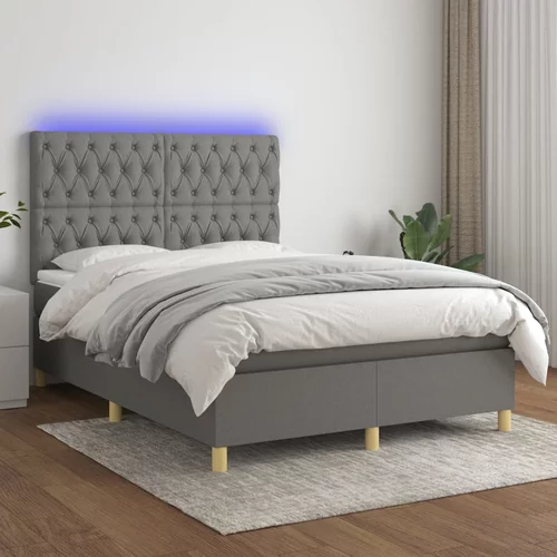 vidaXL Box spring postelja z vzmetnico LED temno siva 140x190 cm blago