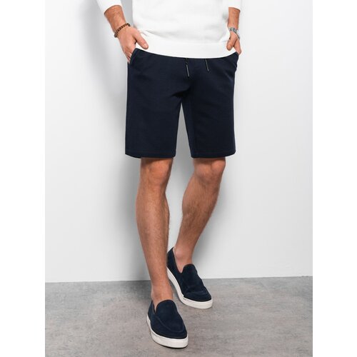 Ombre Men's knitted shorts with decorative elastic waistband - navy blue Cene