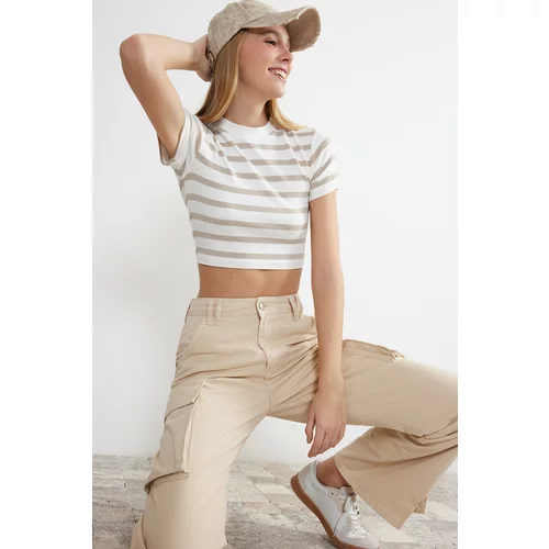 Trendyol Limited Edition Stone Ecru Striped Viscose Crop Crew Neck Stretchy Knitted Blouse