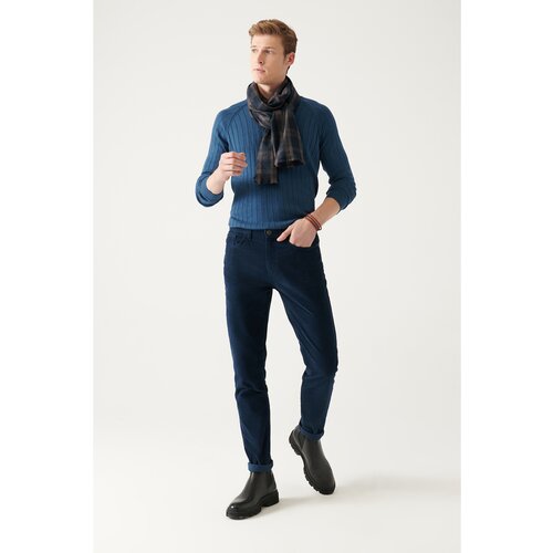 Avva Men's Navy Blue Dobby 5 Pocket Slim Fit Slim Fit Lycra Velvet Trousers Slike