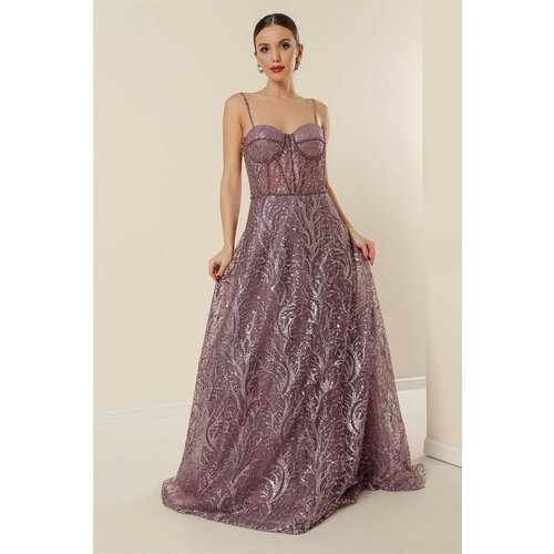 By Saygı Sequins And Glitter Underwired Long Dress With Beading Detailed, Lined Lilac Slike