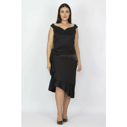 Şans Women's Plus Size Black Waist And Skirt Detailed Dress